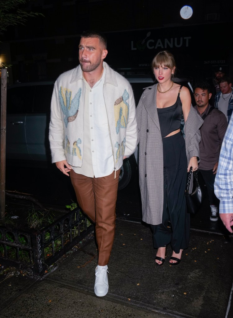 Travis Kelce and Taylor Swift arrive at SNL afterparty on October 15, 2023 in New York City